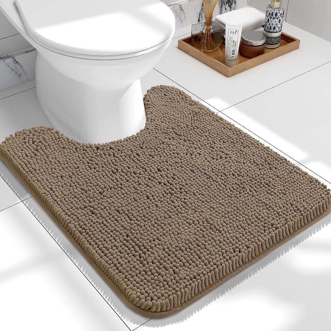 OLANLY Toilet Rugs U-Shaped 24x20, Extra Soft Absorbent Chenille Contour Bathroom Rugs for Toilet, Dry Quickly, Machine Washable, Non-Slip Bath Mat, Tan (24" x 20" Contour Rug)