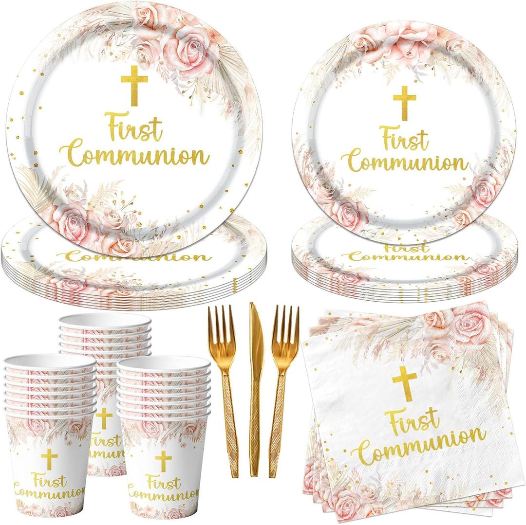 First Communion Decorations, 150Pcs Gold Cross First Communion Plates and Napkins, God Bless Baptism Birthday Supplies Paper Tableware for Christening Celebration Baby Shower Party, Serves 25