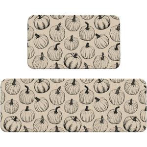Fall Kitchen Mats Set of 2 Black Cream Pumpkin Autumn Harvest Thanksgiving Holiday Kitchen Rugs for Floor Home Decor Bathroom Laundry Room Doorway Decoration Absorbent Mats,17x29 and 17x47 Inch