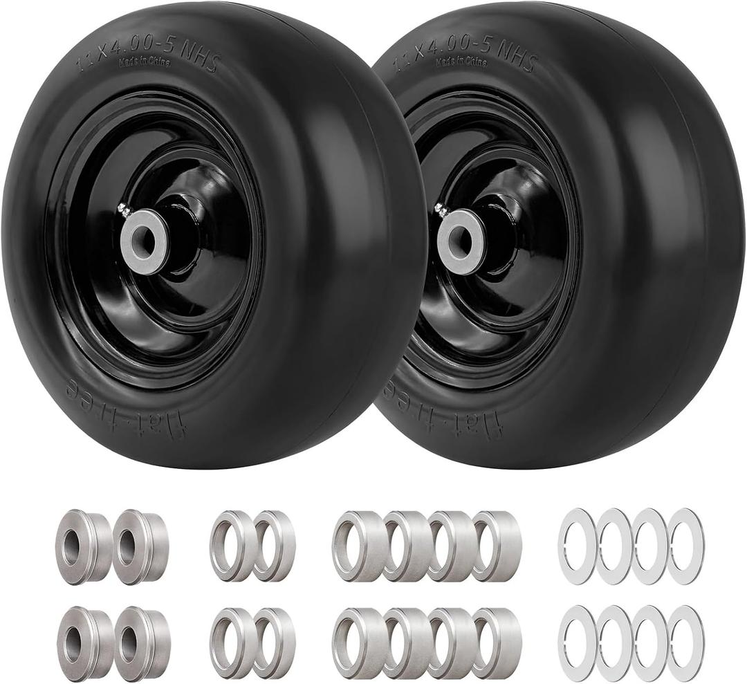 (2-Pack) RRQ 11x4.00-5 Flat Free Lawn Mower Tires and Wheels, 11x4x5 Solid Smooth Tread Tire with Universal Adapter Kit, 3.4" Centered Hub, 3/4" & 5/8" Bushing, for Zero Turn Mower and Garden Tractor