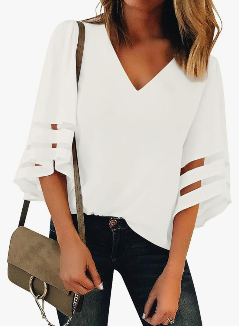 LookbookStore Women's V Neck Mesh Panel Blouse 3/4 Bell Sleeve Loose Top Shirt, SIZE XXL