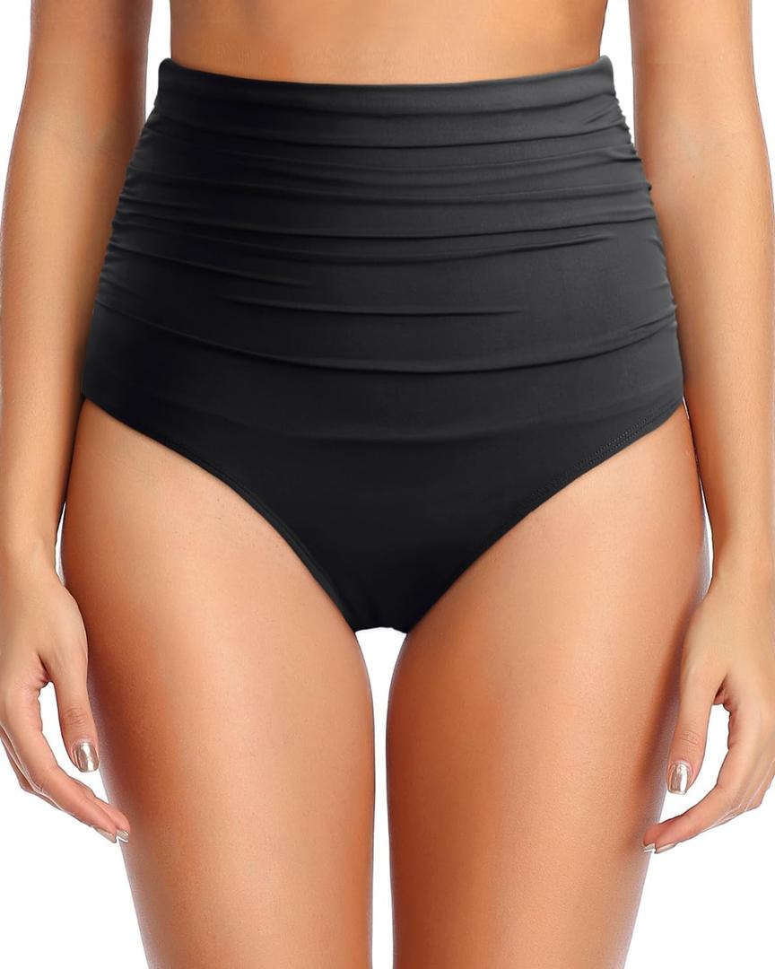 Tempt Me Women Retro High Waisted Bikini Bottoms Tummy Control Swimsuit Bottoms (Black 1), M