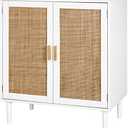 Finnhomy Sideboard Buffet Cabinet, Kitchen Storage Console with Rattan Decorated Doors, Liquor Buffet, Dining Room, Hallway, Cupboard Console Table, Accent Cabinet, 31.5X 15.8X 34.6 Inches, White