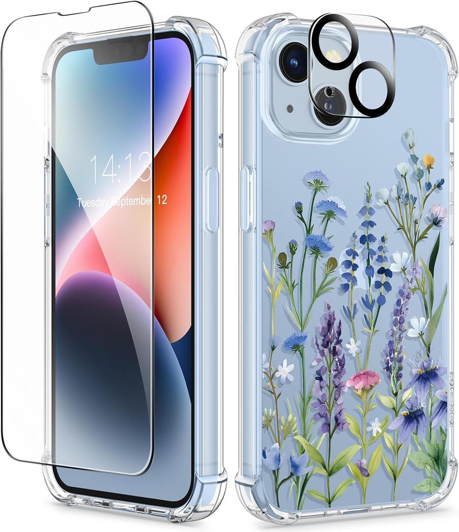 GVIEWIN for iPhone 14 Case Floral, with Screen Protector+Camera Lens Protector,[Non Yellowing] Soft Shockproof Clear Phone Protective Cover for Women, Flower Pattern Design 6.1"(Sweet Posy/Blue)