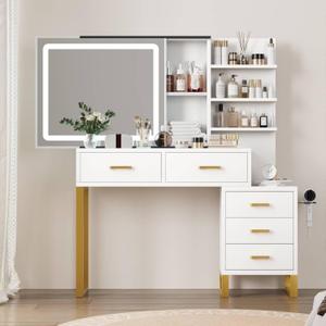 GarveeHome Makeup Vanity Desk with Sliding Mirror and Lights, Large Dressing Table with Charging Station, 3 Lighting Modes, 5 Large Drawers and 3 Tiers of Open Shelves, for Bedroom, White & Gold