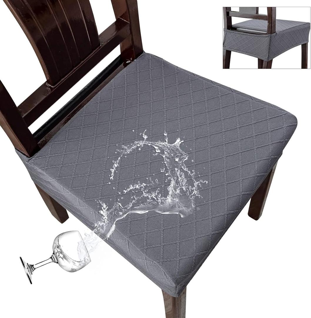 Genina Waterproof Seat Covers for Chairs,Set of 4 Dining Room Chair Seat Covers for Kitchen,Stretch Jacquard Removable Washable Dining Chair Slipcovers Protectors,No Rear Covers, Dark Grey