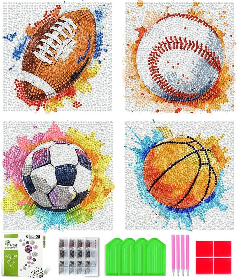 Tiwabb 4 Pack 5D Box Diamond Art Kits for Kids Ages 8-12,Ball Sports Diamond Painting for Kids Beginners,Full Drill Gem Art for Kids DIY Crafts for Girls 8-12,for Home Decor 7x7 Inch