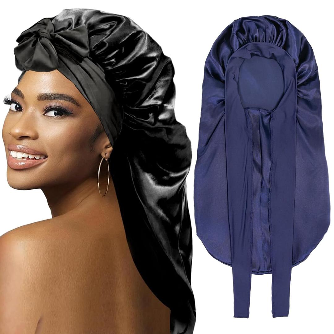 2Pcs Bonnets for Black Women Braid Bonnet, Large Long Satin Bonnet for Braids, Silk Bonnet with Stretchy Tie Band Sleep Cap Hair (2Pcs-Black&Dark Blue)