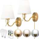 TREELAND Antique Brass Bow Wall Sconces with 110V Dimmable Remote Bulb, 3 Color Tempture, Timmer Function, Hardwire or Plug-in Cord Set of Two Vintage Gold Wall Lamp Light for Bedroom Living Room