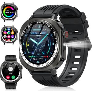 Smart Watch, 1.43" AMOLED-3D Military Smartwatch for Men Women (Answer/Make Call), Flashlight/130+ Sports/60 Days, Heart Rate/Sleep Monitor, IP68 Waterproof Fitness Activity Tracker for Android iOS