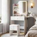 Haewon Small Vanity Desk with Mirror and Lights, Makeup Vanity with Charging Station, Compact Dressing Table Set with Storage Chair, Drawer and Shelves for Bedroom, White