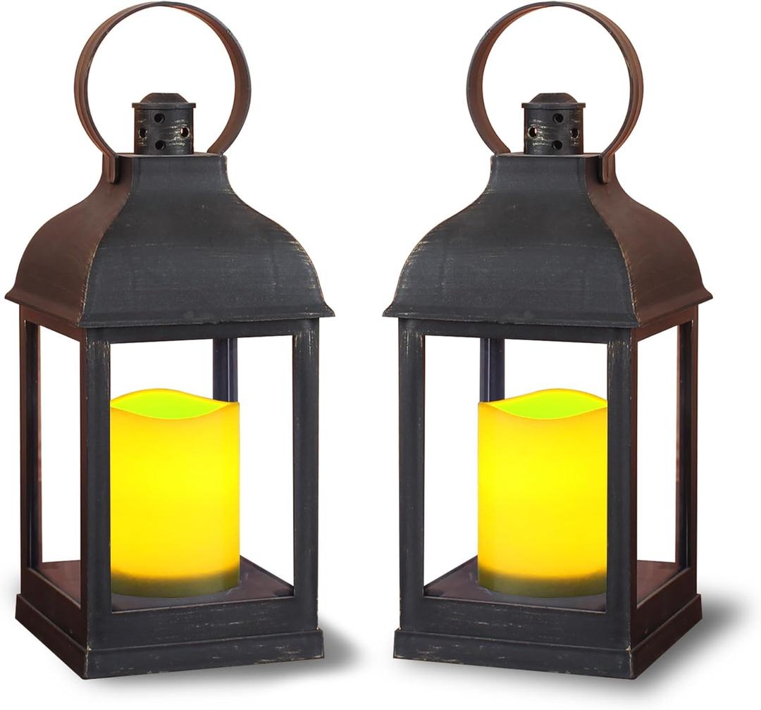 WRalwaysLX 2pack Decorative Lantern with flameless LED Candle Light, ON/Off/Timer Candle with 6Hours, Outdoor/Indoor LED Lantern, Use AAA Battery(not Include) Bronze Plastic (4x9)