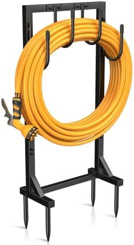 Yumatum Garden Hose Holder Reel, Upgraded Metal Hose Reels Holds 150ft Hose with 4 Large hooks, Heavy Duty Freestanding Water Hose Holders, Detachable Hose Storage Hanger for Outside