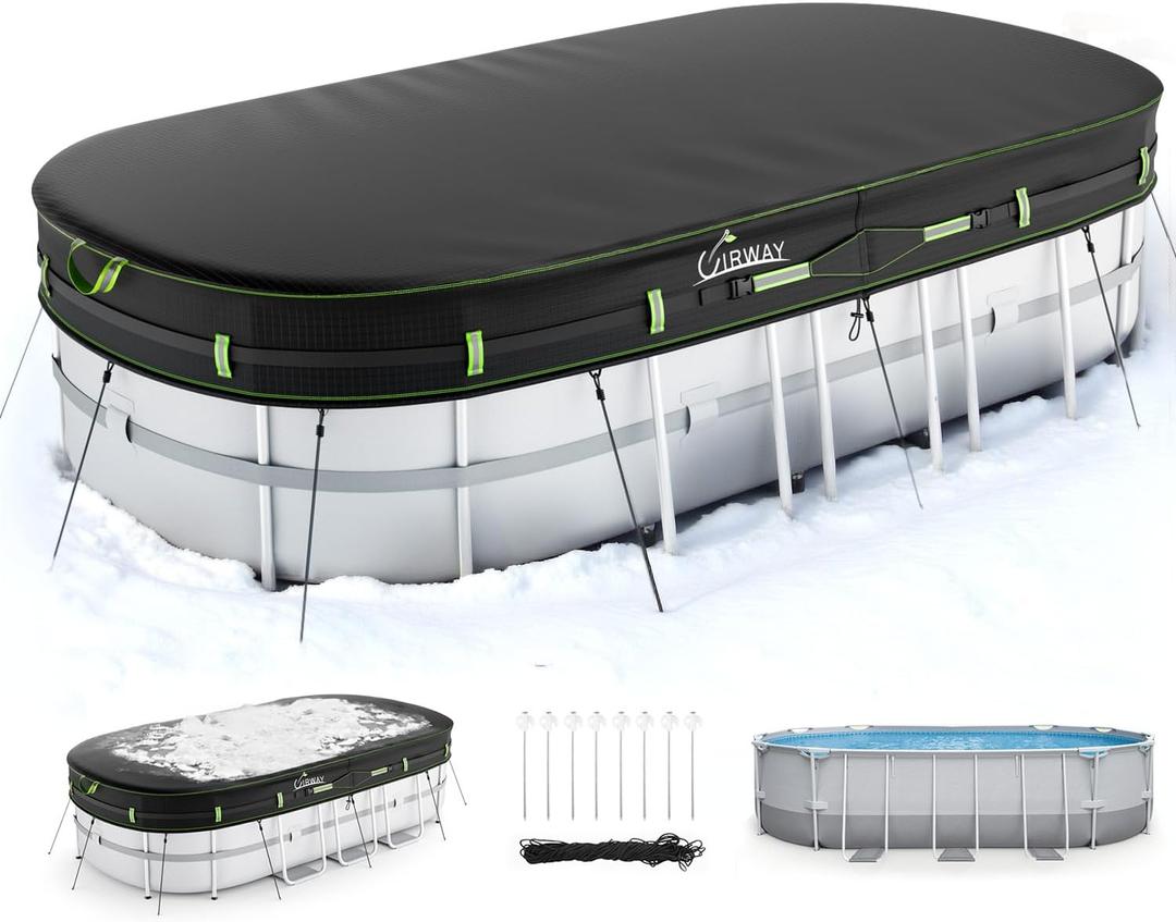 UIRWAY 12x24 FT Oval Pool Cover with Reflective Strips for Above Ground Pool, Oval Solar Pool Cover Including Windproof Rope Tie and Luminous Ground Nails, Swimming Pool Cover with 2 Handles