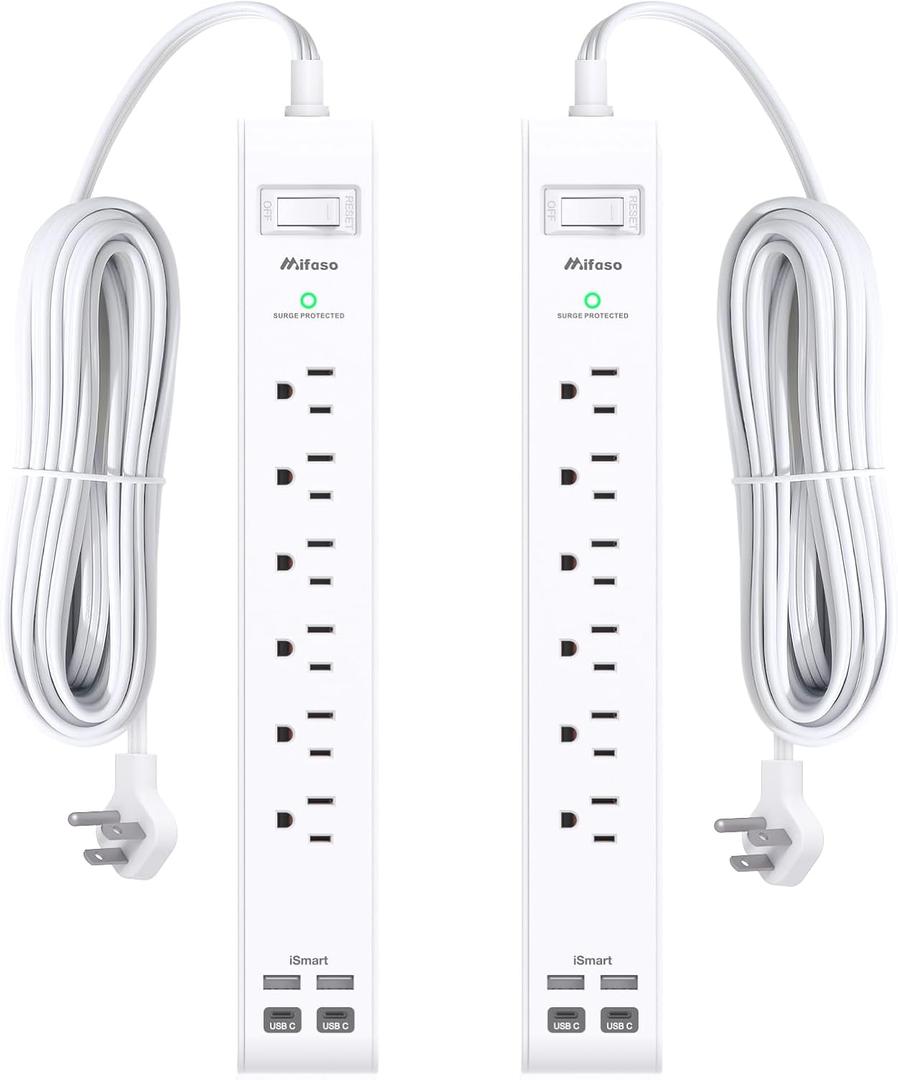 2 Pack Power Strip Surge Protector, Flat Plug Extension Cord with 4 USB Ports(2 USB-C) 6 AC Outlets, USB Charging Station, Wall Mountable for Home, Office, Dorm Essentials, 1080J, ETL Listed (5FT)