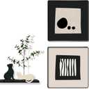 3-piece Bohemian gallery wall decoration set, 2 high-definition crystal porcelain frame abstract prints+wooden cat sculptures+artificial green plants, soft black border frame, minimalist wall art for living room and bedroom entrances, 15.75"x15.75"