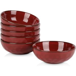 vicrays Ceramic Salad Bowls Set for Kitchen, Serving - 32 Ounce Soup Bowls, Pasta Bowls, Chip Resistant, Dishwasher Microwave Safe, Large, Fluted, Stoneware, Set of 6 (Cherry Red)