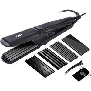 Pulla Hair Straightener and Crimper - 4 in 1 Tourmaline Ceramic Flat and Curling Iron for Hair Styling with Adjustable Temperature - Salon High Heat 320F - 430F for All Hair Types