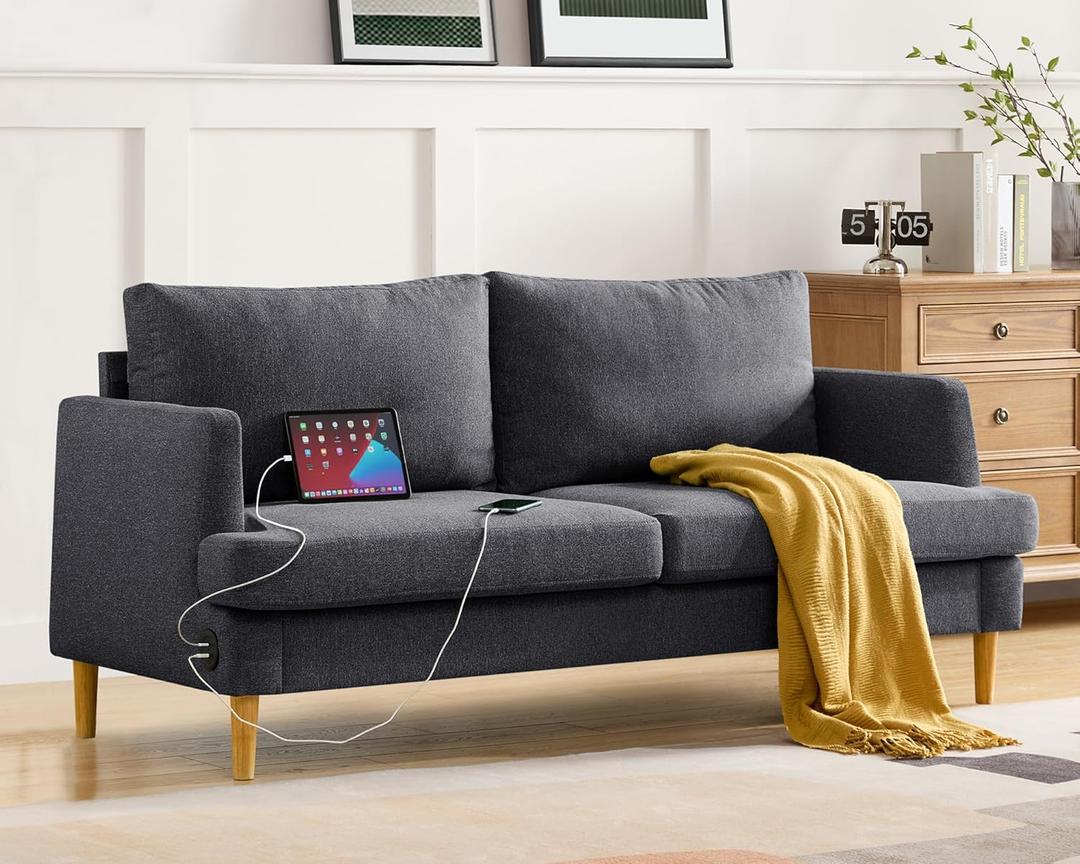 70" Loveseat Sofa, Mid Century Modern Small Couches for Small Spaces, Upholstered 2 Seater Couches Linen Fabric Sofa with Comfy Pillows & USB for Living Room, Bedroom, Office, Dark Grey