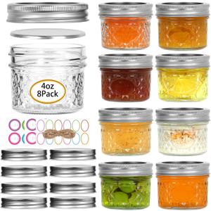 Mini Mason Jars, 8 Pack 4oz Glass Mason Jar with Regular Lids, Small Canning Jar, Ideal for Jelly, Jam, Honey, Dessert, Spice, Wedding Favor, Candles