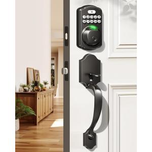 Veise Fingerprint Door Lock Set, Keyless Entry Door Lock, Front Handle Set, Electronic Keypad Deadbolt with Lever Handle, 2 Keys, Auto-Locking, One-time Codes, Easy to Install, Matte Black