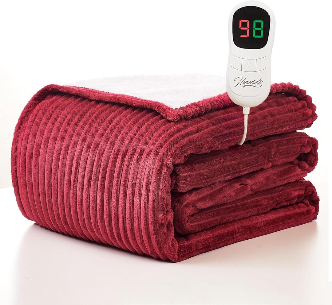 Homemate Heated Blanket Electric Throw - 50"x60" Heating Blanket Throw 1/2/4/6/8 Hours Auto-Off 10 Heat Levels Over-Heat Protection Soft Flannel Sherpa ETL Certification (Red (Striped))