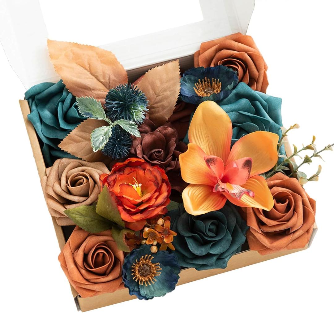 Ling's moment Terracotta Artificial Flowers and Greenery Combo Box Set, Teal & Terracotta Fake Flower for DIY Wedding Bridal Bouquet, Centerpieces Decor, Floral Arrangement Decor, etc (Mini)