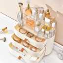 DASITON Makeup Organizer with Drawer,6 Slots Stackable Makeup Brush Holder,Skincare and Cosmetic Organizer for Bathroom Vanity Countertop Makeup Storage for Cosmetics,Brushes,Lipstick and Jewelry (1 Tray + 2 Drawer, Cream)