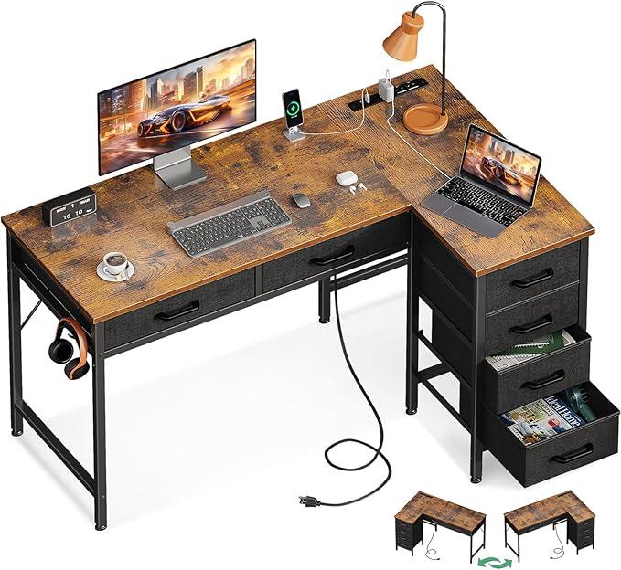 L Shaped Desk with 6 Drawers Rustic Wood
