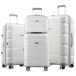 LUGGEX White Carry On Luggage with Spinner Wheels, PP Lightweight Suitcase 4 Piece, Expandable