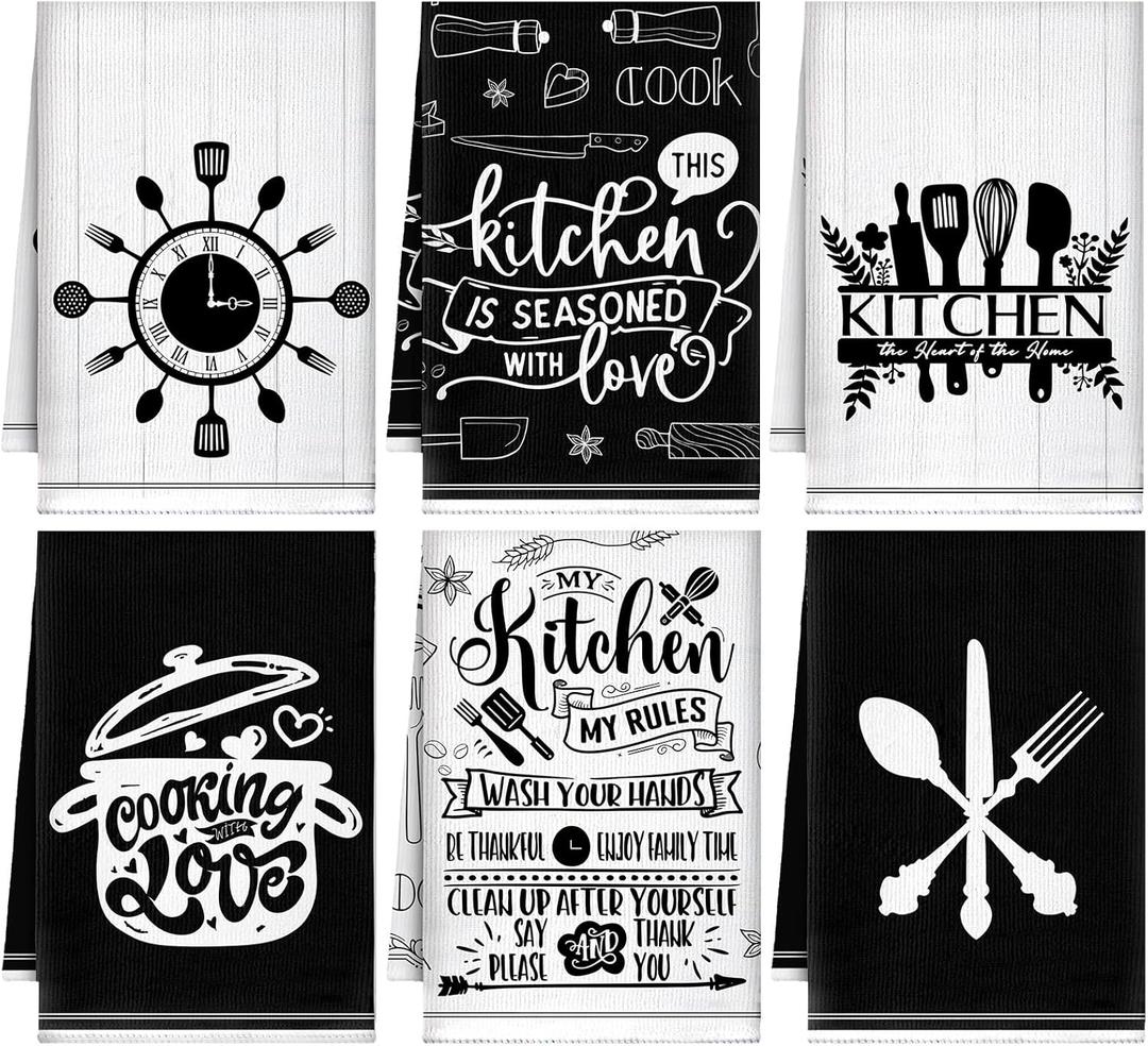 Sunnyray 6 Pcs Kitchen Towels Dish Cloths Nature Modern Absorbent Hand Tea Wash Cloth with Hanging Loop for Bathroom Home Farmhouse Kitchen Gifts(Black White,Funny)