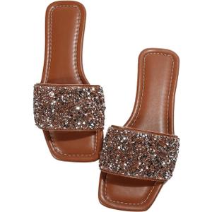 GORGLITTER Women's Sparkly Jeweled Flat Sandals Dressy Open Toe Glitter Shiny Slippers Slip-on Shoes (9.5, Brown)