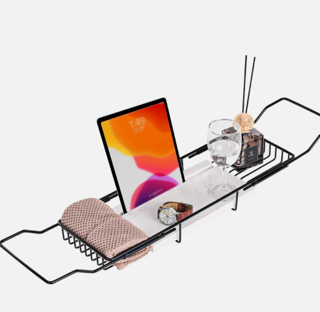 MARBBNEST Bathtub Tray Caddy for Luxury Bath Expandable Extra Wide Bath Tub Tray with Natural Marble Tray and Mobile/Tablet Stand, Ideal for Home Spa Lovers