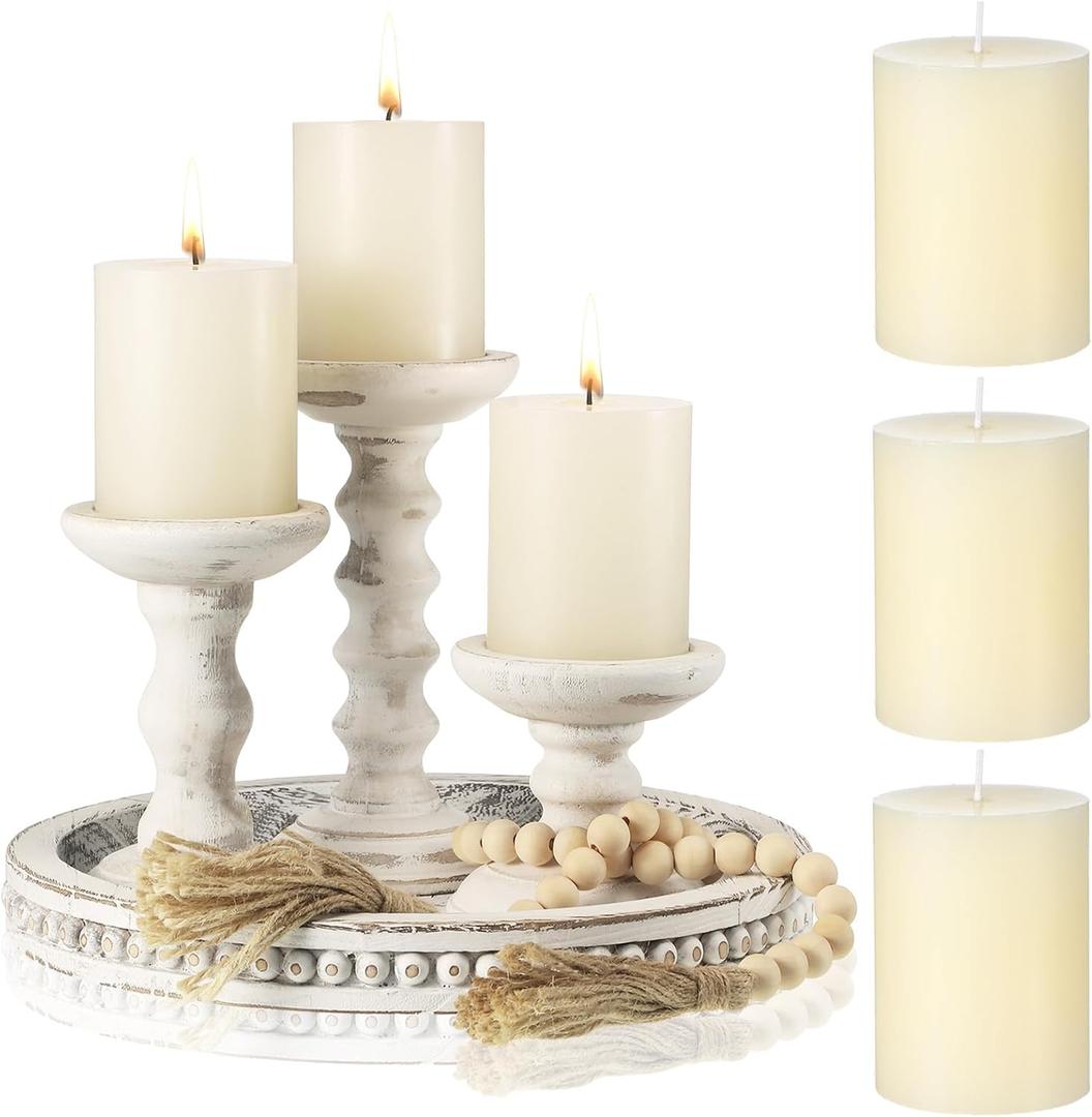 Reallnaive 8 Pcs Farmhouse Wood Candle Holders with Pillar Candles Set Wooden Rustic Candle Holders Round Decorative Serving Tray Bead Garland with Natural Wood Tassels for Table Centerpiece (White)