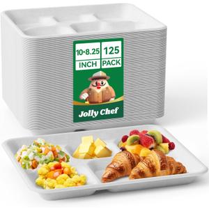 JOLLY CHEF Compostable  Compartment Paper Plates  *   [ ] Heavy Duty Divided Disposable White Eco-Friendly Biodegradable Container Food Tray for Party Dinner Lunch Buffet (10*8.25in-125pack)
