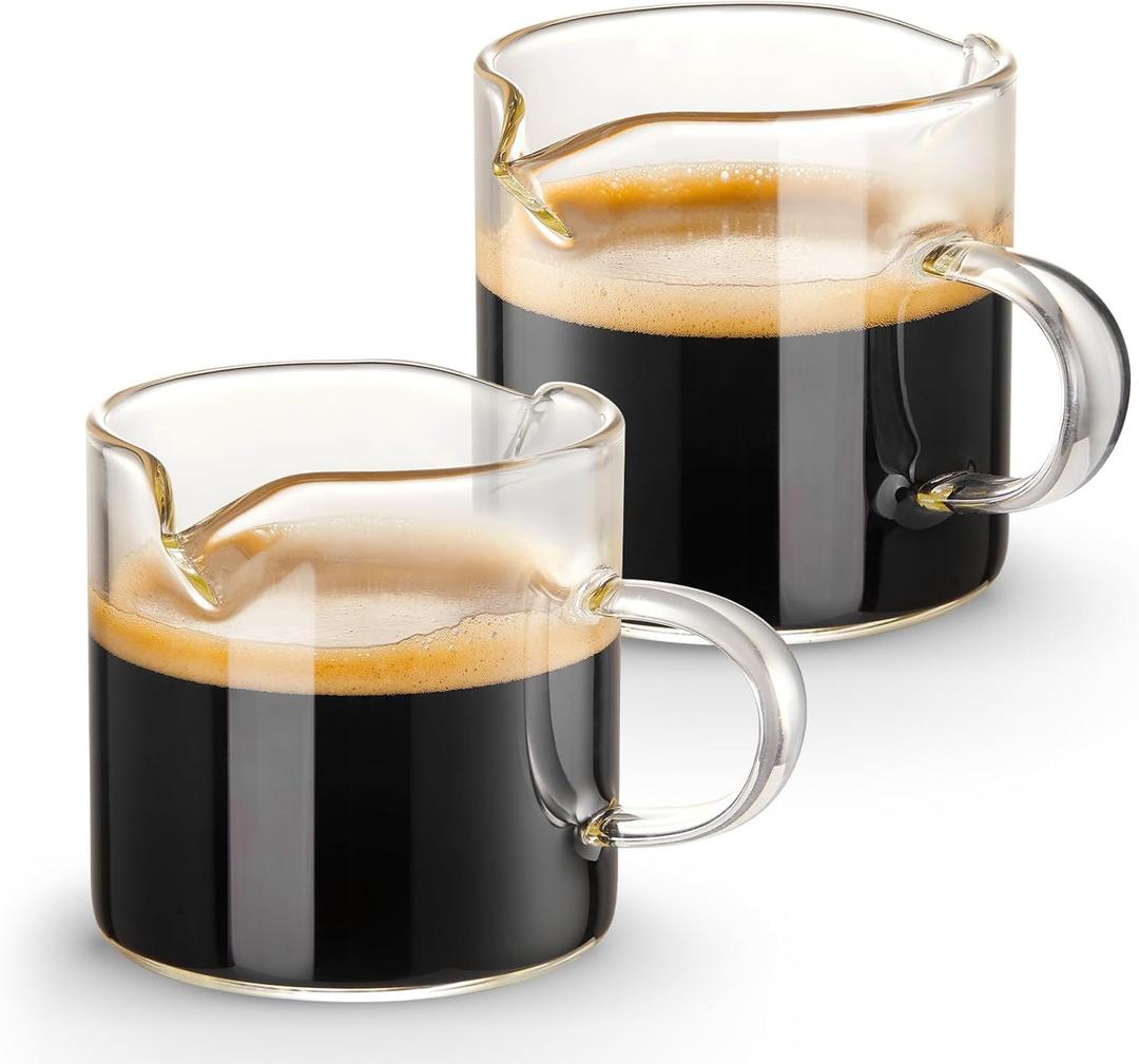 Espresso Cups Set of 2, 4 OZ Double Spouts Cups, Shot Glasses, Milk Cup with Handle, Clear Glass, Espresso Accessories for Machine, Small