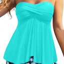 Women Strapless Tankini Swimsuits - 2 Piece Halter Bathing Suit Bandeau Flyaway Top with High Waist Swim Shorts, Large