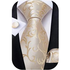 DiBanGu Mens Tie Set Silk Solid Paisley Necktie and Pocket Square Cufflinks Classic Formal Ties for Men Wedding Party (Champagne Floral)