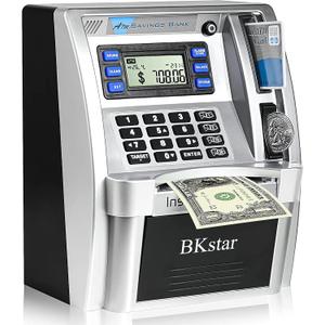 ATM Piggy Bank for Real Money for Kids/Boys with Power-Off Memory, Debit Card, Onekey Shutdown, Coin Recognition, Target Setting, Bill Feeder, Balance Calculator, Savings Machine Box (Standard Version, Black/Silver)