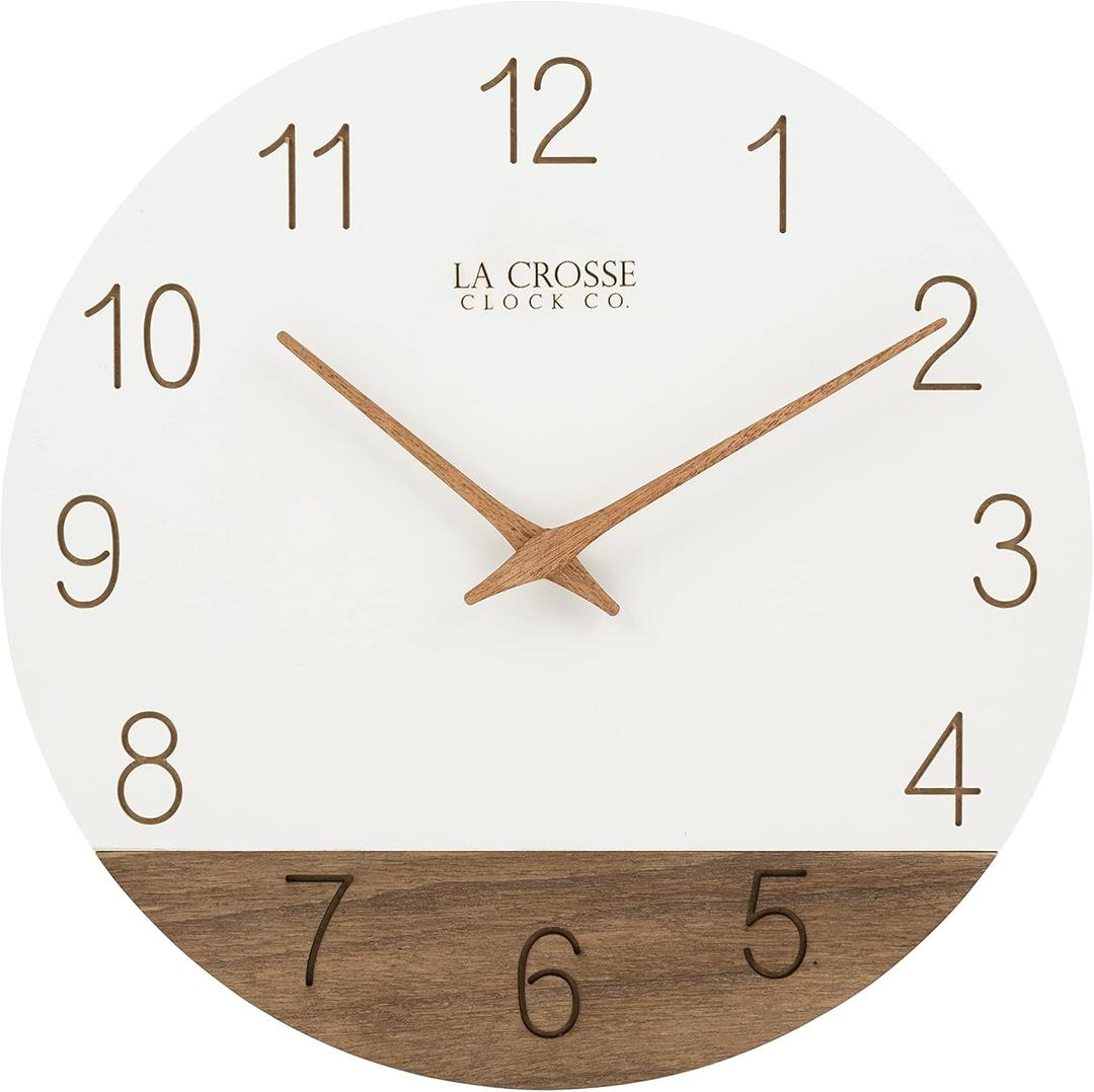 La Crosse 404-3630B 12" Sierra Wood Quartz Analog Wall Clock, White