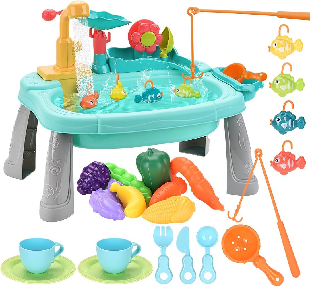 Play Sink with Running Water, Toddler Kitchen Play Sink, Mini Water Sensory Table for Kids Toddlers Baby with Electric Faucet, Bathroom Sink Pretend Toys Sets Dishwasher Real Working Water Girls Boys