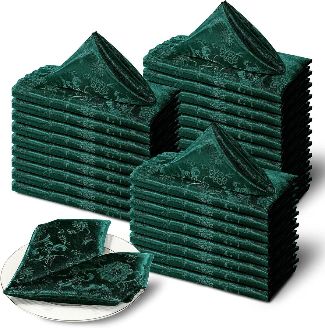 60 Pack Green Satin Cloth Napkins, 17x17 Inch Jacquard Napkins Damask Cloth Napkins Luxurious Satin Napkins for Wedding Banquet Party Restaurant Dinner Decoration