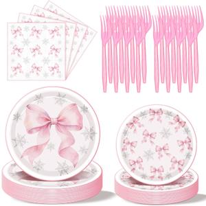 Havawish 96 Pcs Pink Bow Snowflake Paper Plates Winter Wonderland Plates and Napkins It's Cold Outside Winter Coquette Table Decoration Birthday Party Set for 24 Guests Pink Party Supply