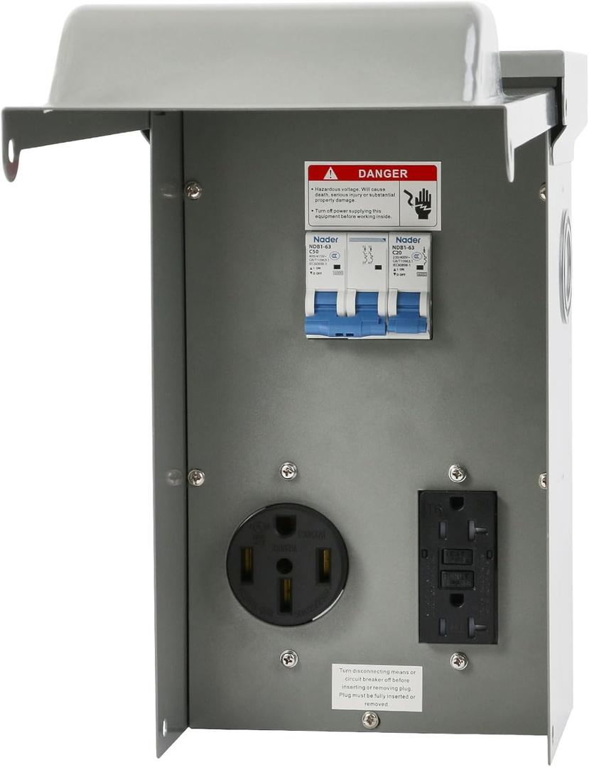 Temporary Power Outlet Panel, 50 amp RV Receptacle & 20 amp GFCI Outlet, Weatherproof Pre-Wired RV Outlet Receptacle with Breaker, for RV Camper Travel and Construction Sites (20A+50A)