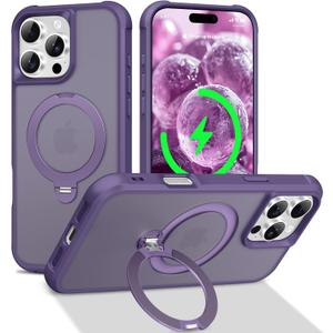 PIXIU 360Spin Magnetic Stand for iPhone 16 Pro Case with Invisible Kickstand Rotatable,[Fit for Magsafe] Slim Cute Matte Translucent Military Grade Shockproof Phone Cover 6.3 inch-Purple