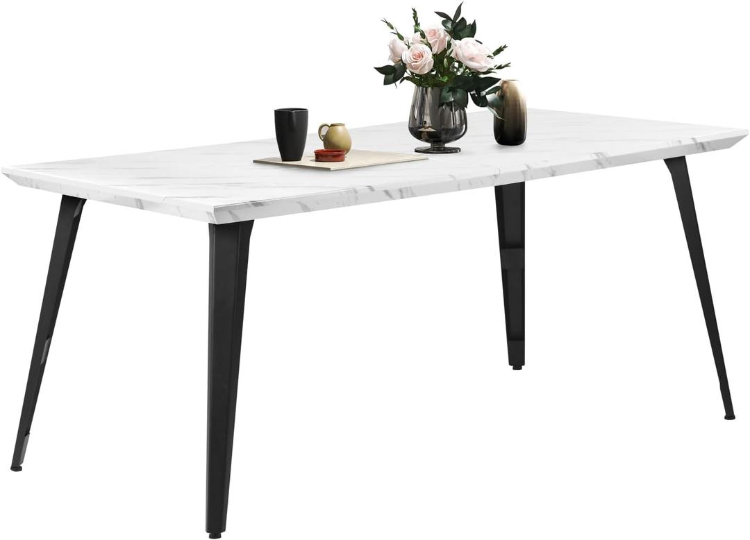 FurnitureR Dining Table 62.9 Inch for 4-6 Person with Sturdy Faux Marble Print Tabletop and Metal Steel Legs, Stylish Rectangular Functional Table for Kitchen Dining Room, Marble White