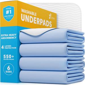 GREEN LIFESTYLE Washable Underpads - Large Bed Pads for use as Incontinence Bed Pads, Reusable Pet Pads, Great for Dogs, Cats, Bunny, Seniors Bed Pad (Pack of 4 - 34x36) (Blue/White)
