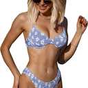 GORGLITTER Women's 2 Piece Swimsuit High Waisted Bikini Sets Floral Underwire Push Up Triangle Bathing Suits Swimwear Blue and White Medium