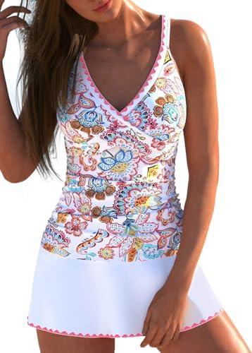 ROSEWE Two Piece Tankini Swimsuits for Women, Tummy Control Bathing Suit with Skirt, V-Neck Swimdress XXL