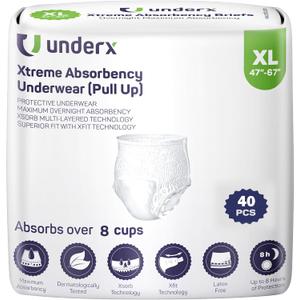 UnderX Adult Disposable Incontinence Underwear Maximum Absorbency Pull Ups, Overnight Leak Protection, 8 Cup Absorption, Soft Latex-Free, Odor Control, Easy Removal, X-Large, 40 Count